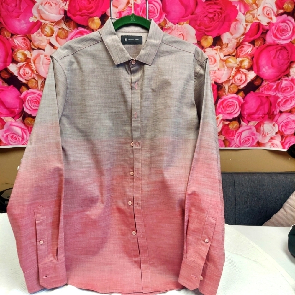 INC Long Sleeve Dress Shirt - Grayish Brown Fading to Burgundy Ombre Size Med
